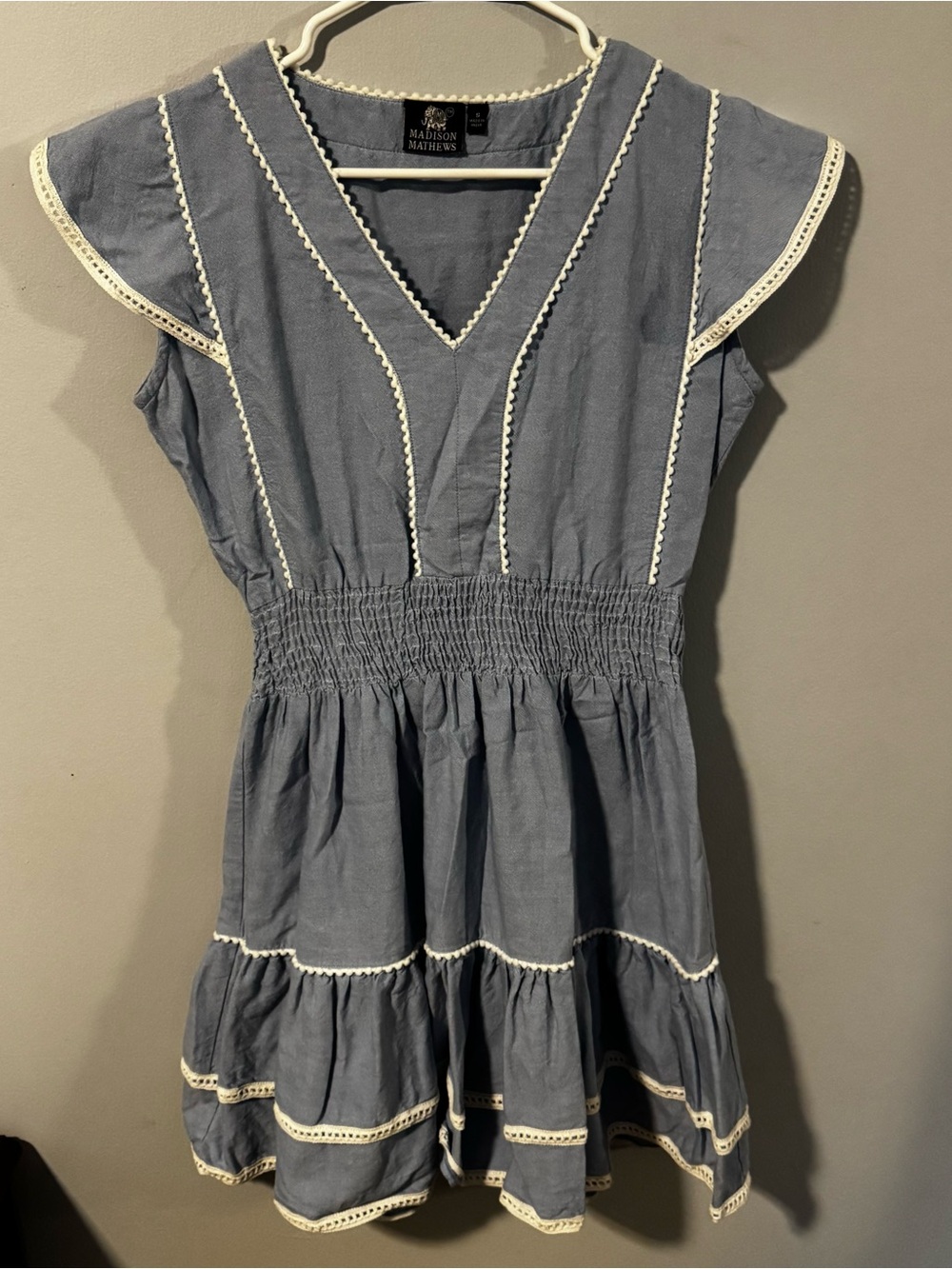 Madison Mathews Blue Cotton Smocked Babydoll Top Size Small Flutter Sleeve